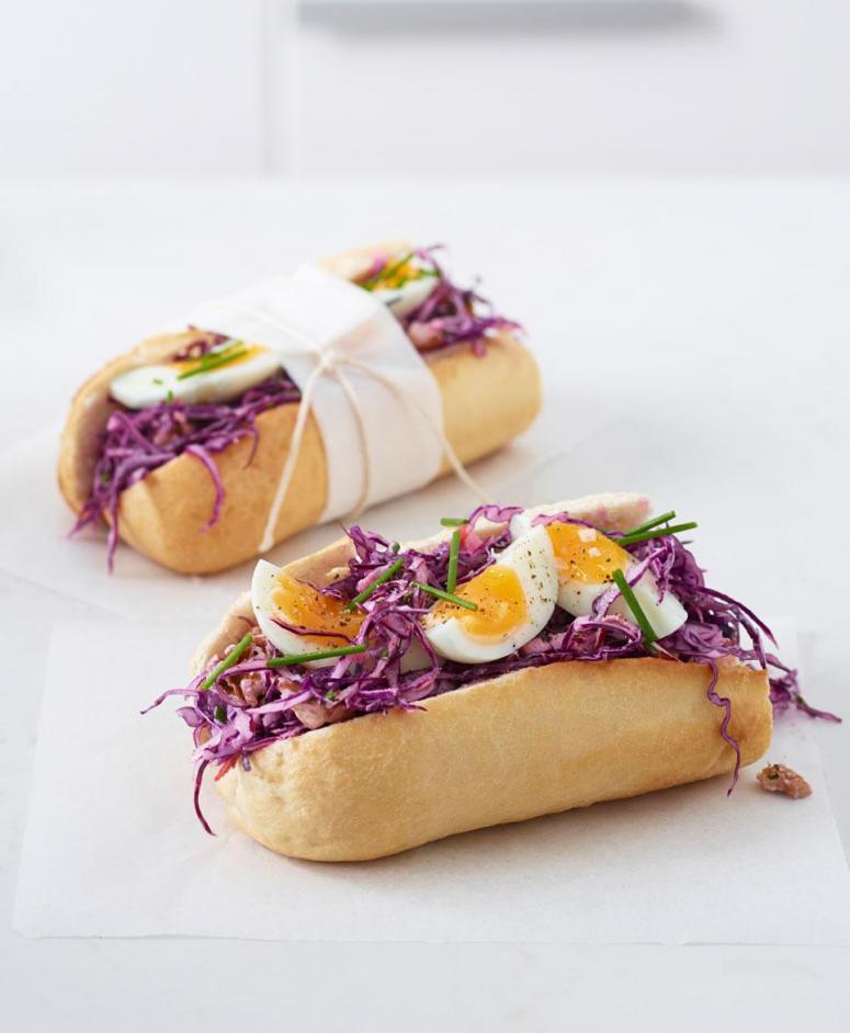 Red Cabbage Slaw with Soft-Boiled Egg on a Baguette